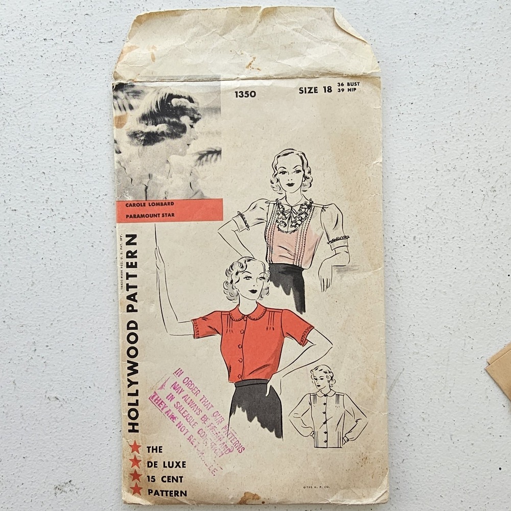 1930s Vintage B36" Hollywood Pattern 1350 Top Blouse Shirt Sewing Pattern